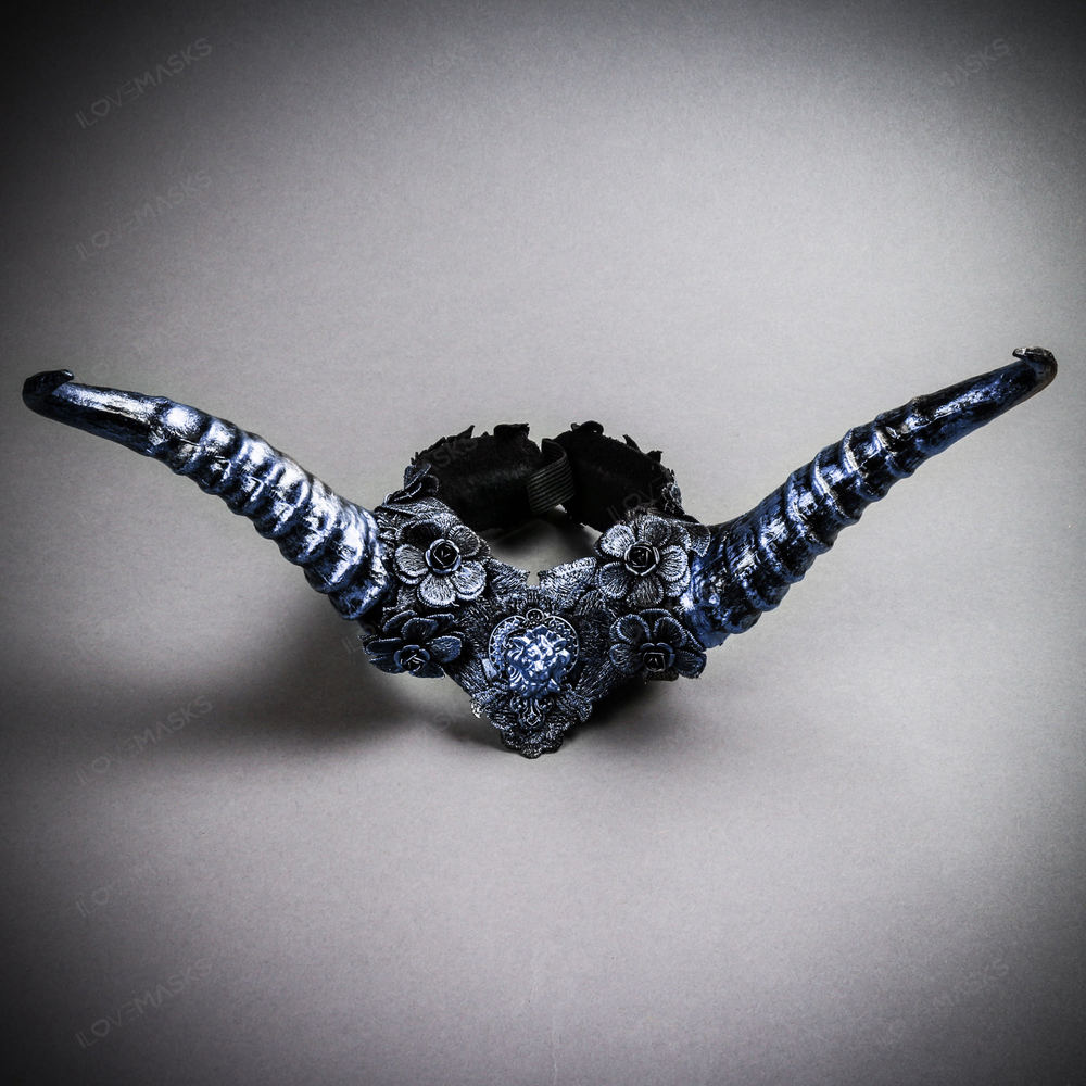 Gothic Demon Long Horn with Lace Head Piece - Black Blue - Picture 2 of 5